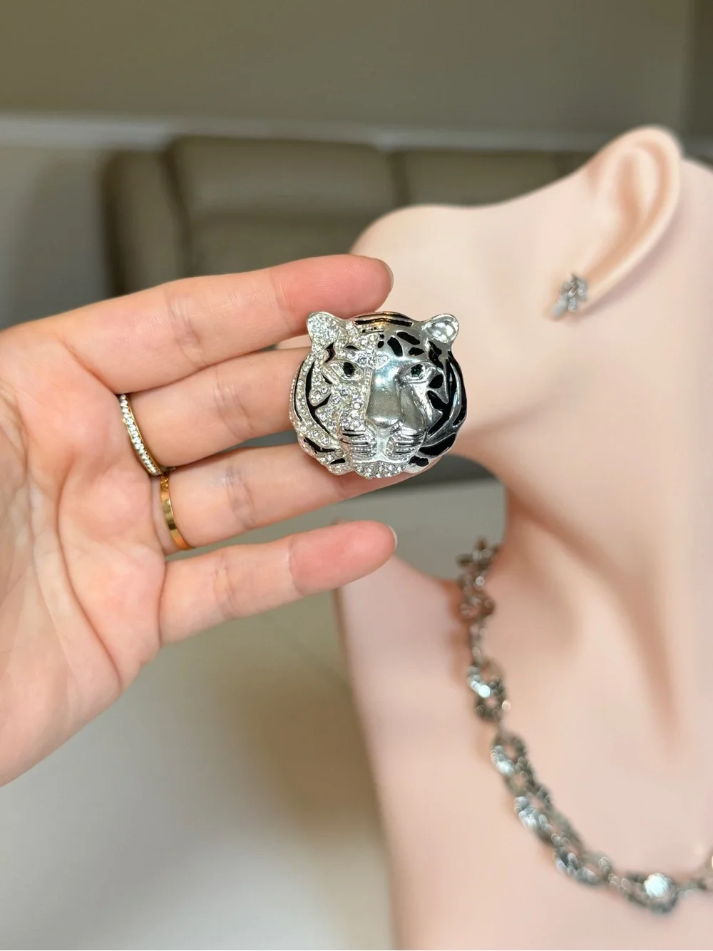 Silver and Black Tiger Brooch with Crystals